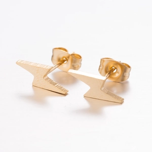 Golden stainless steel lightning bolt stud earrings with a sleek brushed metal texture