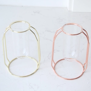 Close-up of gold and rose gold geometric metal frames with transparent glass test tube vases