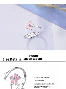 Detail view of pink enamel flower ring with S925 silver band and sparkling zircon center