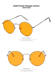 Detail view showing golden metal frame and round orange lenses of vintage sunglasses
