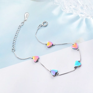 Elegant S925 silver heart bracelet with colorful gradient charms for women