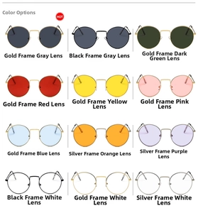 Grid display of vintage round metal sunglasses in twelve various frame and lens colors