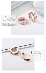 Polished rose gold titanium earrings featuring set white and black square zircons