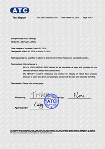 Official quality certificate showing the nickel release test report for gold earrings