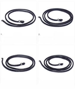 Detail view of black stainless steel box chains in four weights: 9g, 13g, 14g, and 19g