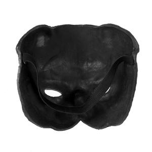 Rear view of funny black pug mask with elastic strap and eye holes for Halloween party