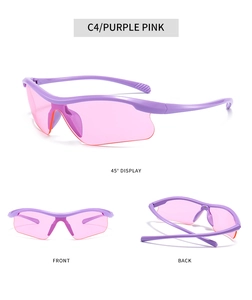 Multi-angle view of purple sports sunglasses with wrap-around pink shield lenses