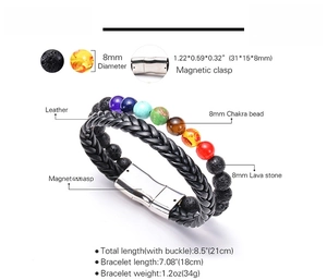Detail showing the magnetic stainless steel clasp on a 7 chakra lava stone leather bracelet