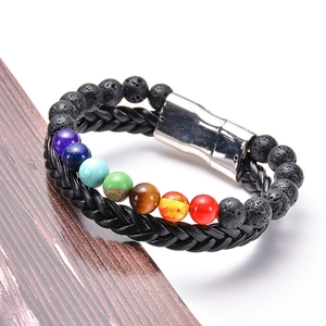 Detail of multi-layer lava stone bracelet with 7 chakra beads and silver magnetic buckle