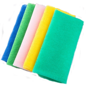 Five assorted nylon exfoliating washcloths arranged in a fan shape on a white background
