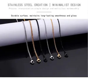 Polished stainless steel curb chain necklaces in silver, gold, and black with lobster clasps