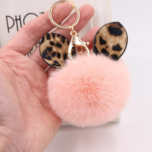 Leopard Print Rabbit Ear Plush Pompom Keychain Faux Fur Bag Pendant Accessories With Gold Metal Ring For Women Girls