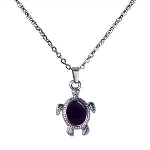 Primo piano della collana a tartaruga con pietra ovale viola e catena d'argento