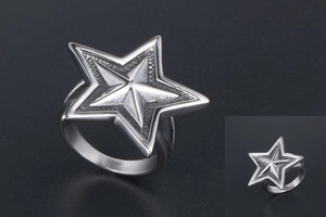 Macro view showing multiple angles of a punk style titanium steel star ring