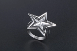 Detailed close-up of a silver punk star ring with vintage embossed metallic texture