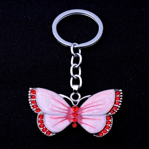 Pink enamel butterfly keychain with red rhinestones and silver metal link chain