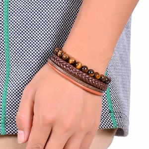 Bracelet multicouche en perles d'oeil de tigre pour homme avec cordon en cuir marron