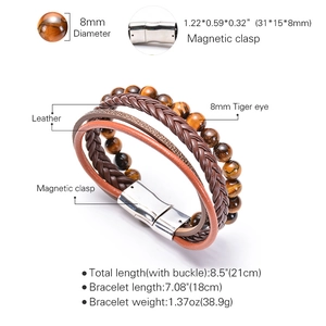 Bracelet multicouche en pierre d'œil de tigre et cuir avec boucle magnétique marron et orange
