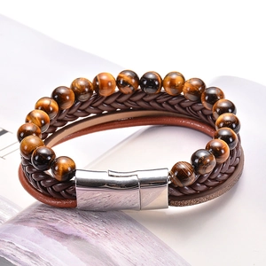 Bracelet multicouche en pierre œil de tigre et cuir tressé marron avec fermoir magnétique