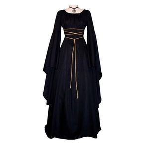 Gothic medieval black witch dress with bell sleeves and golden waist lace-up detail