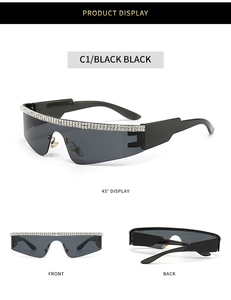 Lunettes de soleil punk sans monture avec trois rangées de strass et verres dégradés