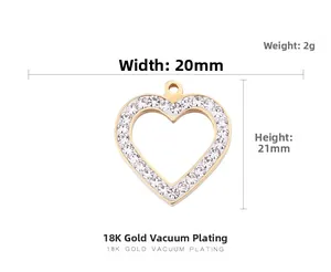 Detailed view of hollow heart pendant with 18K gold plating and 20x21mm dimensions