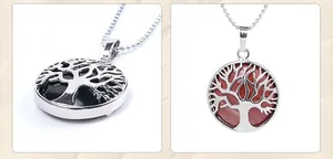Detailed view of Tree of Life round stone pendants in black and red with silver frames