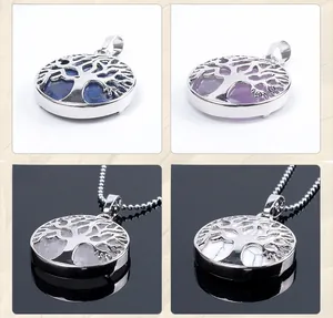 Detailed views of four Tree of Life crystal necklaces with rose quartz and amethyst gems