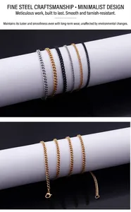 Detail of stainless steel curb extension chains with lobster clasps in silver, gold, and black