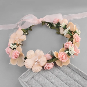 Pink and champagne artificial floral headband with silk ribbons for wedding photography