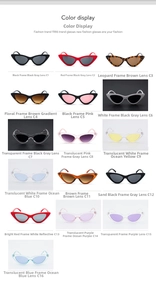 Detailed catalog showing 16 color variants of retro triangle cat-eye sunglasses