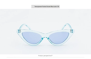 Front view of trendy triangle cat eye sunglasses with transparent sea blue frames C16