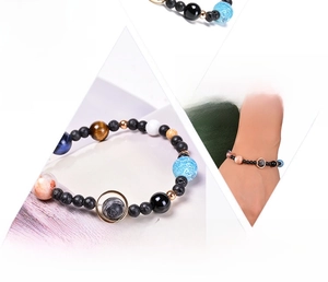 Detailed view of handmade solar system planet beads bracelet with natural tiger eye stones