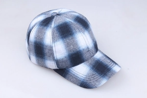 Detail view of cotton blend checkered baseball cap with blue grey white pattern