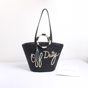 Women Straw Woven Tote Bag Off Duty Embroidery Shoulder Handbag With Tassel Round Handle Summer Vacation Beach Travel