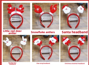 Detailed grid of six Christmas headbands featuring reindeer antlers, Santa, and snowmen