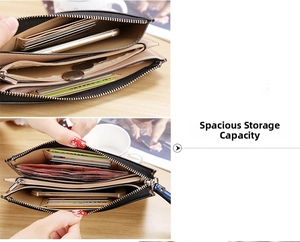 Detail view of large capacity black leather wallet with multiple card slots and zipper pocket