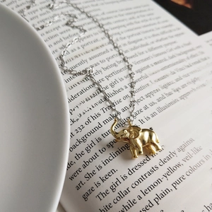 Detail of a golden elephant pendant on silver chain over an artistic book background