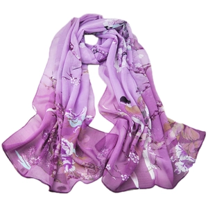 Long purple chiffon scarf featuring Chinese style flower and bird ink painting print