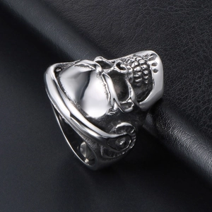 Silver punk skull ring with black headphones, stainless steel jewelry for men