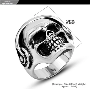 Detailed size chart for punk skull ring showing 25.8mm height and 14g weight specifications