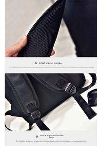 Detail of breathable honeycomb mesh straps and adjustable buckles on black leather backpack