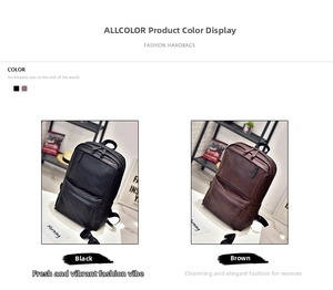 Detail view of stylish PU leather backpacks in black and dark brown with front zip pocket