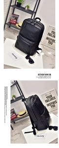 Detailed views of a black PU leather backpack with minimalist design and smooth zippers