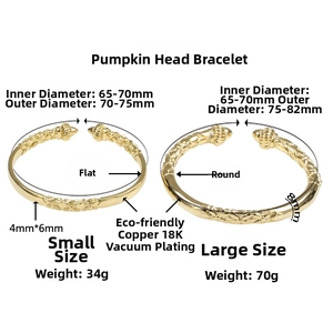 Detail view of 18K gold plated copper pumpkin head bangles in small and large sizes