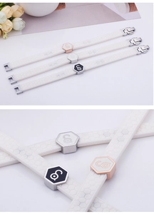 Macro detail of white silicone bracelet with honeycomb texture and stainless steel clasp