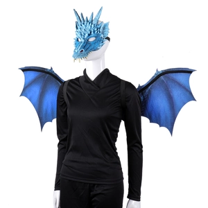 Detailed blue dragon mask and wings set with realistic scale texture for costumes