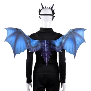 Blue and black dragon wings and mask set for adults shown on a mannequin back view