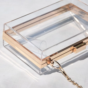 Detailed close-up of clear acrylic clutch bag with gold metal frame and chain strap