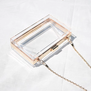 Detailed view of clear acrylic clutch bag with gold metal frame and elegant chain strap